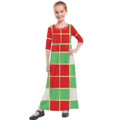 Christmas Fabric Textile Red Green Kids  Quarter Sleeve Maxi Dress by Wegoenart