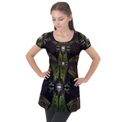 Fractal Green Tin Pattern Texture Puff Sleeve Tunic Top by Wegoenart