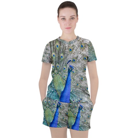 Peacock Bird Colorful Plumage Women s Tee And Shorts Set by Wegoenart