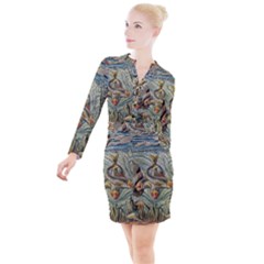 Fish Underwater Cubism Mosaic Button Long Sleeve Dress by Wegoenart