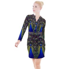 Peacock Bird Plumage Display Full Button Long Sleeve Dress by Wegoenart