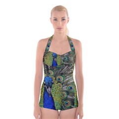 Peacock Close Up Plumage Bird Head Boyleg Halter Swimsuit  by Wegoenart