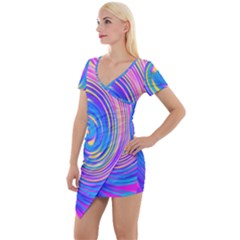 Cool Abstract Pink Blue And Yellow Twirl Liquid Art Short Sleeve Asymmetric Mini Dress by myrubiogarden