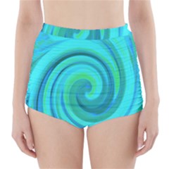 Groovy Cool Abstract Aqua Liquid Art Swirl Painting High-waisted Bikini Bottoms by myrubiogarden