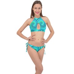 Groovy Cool Abstract Aqua Liquid Art Swirl Painting Cross Front Halter Bikini Set by myrubiogarden