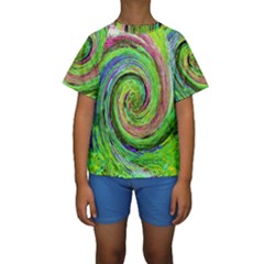 Groovy Abstract Green And Crimson Liquid Swirl Kids  Short Sleeve Swimwear by myrubiogarden