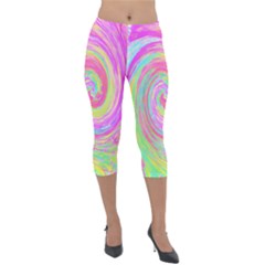 Groovy Abstract Pink And Blue Liquid Swirl Painting Lightweight Velour Capri Leggings  by myrubiogarden