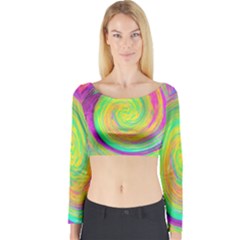 Groovy Abstract Purple And Yellow Liquid Swirl Long Sleeve Crop Top by myrubiogarden