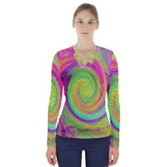 Groovy Abstract Purple And Yellow Liquid Swirl V-neck Long Sleeve Top by myrubiogarden