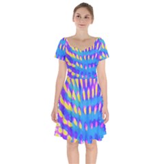 Pink, Blue And Yellow Abstract Coneflower Short Sleeve Bardot Dress by myrubiogarden