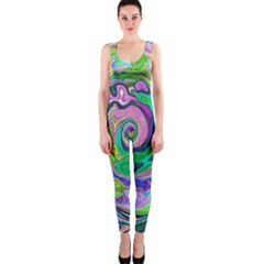 Groovy Abstract Aqua And Navy Lava Liquid Swirl One Piece Catsuit by myrubiogarden