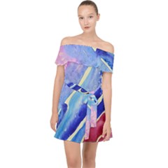 Painting Abstract Blue Pink Spots Off Shoulder Chiffon Dress by Pakrebo