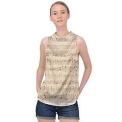 Vintage Beige Music Notes High Neck Satin Top by Pakrebo