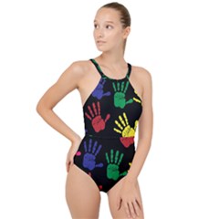 Handprints Hand Print Colourful High Neck One Piece Swimsuit