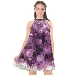 Amethyst Purple Violet Geode Slice Halter Neckline Chiffon Dress  by genx