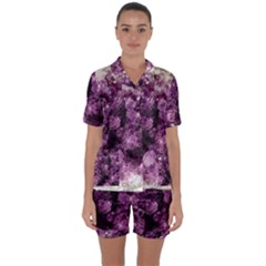 Amethyst Purple Violet Geode Slice Satin Short Sleeve Pyjamas Set by genx