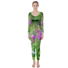 Annabella Hydrangeas And Purple Garden Landscape Long Sleeve Catsuit by myrubiogarden