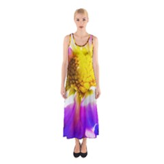 Purple, Pink And White Dahlia With A Bright Yellow Center Sleeveless Maxi Dress by myrubiogarden