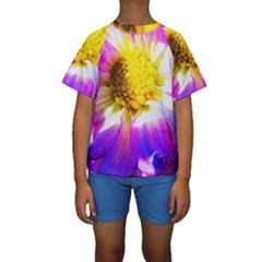 Purple, Pink And White Dahlia With A Bright Yellow Center Kids  Short Sleeve Swimwear by myrubiogarden