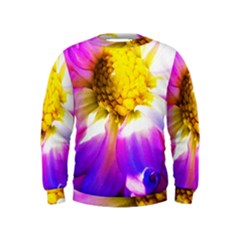 Purple, Pink And White Dahlia With A Bright Yellow Center Kids  Sweatshirt by myrubiogarden