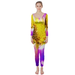 Purple, Pink And White Dahlia With A Bright Yellow Center Long Sleeve Catsuit by myrubiogarden