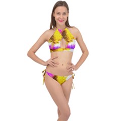 Purple, Pink And White Dahlia With A Bright Yellow Center Cross Front Halter Bikini Set by myrubiogarden