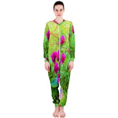 Impressionistic Purple Peonies With Green Hostas Onepiece Jumpsuit (ladies)  by myrubiogarden