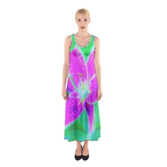 Hot Pink Stargazer Lily On Turquoise Blue And Green Sleeveless Maxi Dress by myrubiogarden