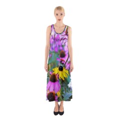 Yellow Flowers In The Purple Coneflower Garden Sleeveless Maxi Dress by myrubiogarden