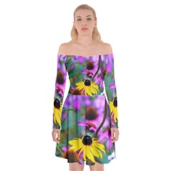 Yellow Flowers In The Purple Coneflower Garden Off Shoulder Skater Dress by myrubiogarden