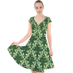 White Flowers Green Damask Cap Sleeve Front Wrap Midi Dress