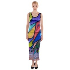 Urban Colorful Graffiti Brick Wall Industrial Scale Abstract Pattern Fitted Maxi Dress by genx