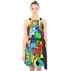 Graffiti Abstract With Colorful Tubes And Biology Artery Theme Halter Collar Waist Tie Chiffon Dress by genx