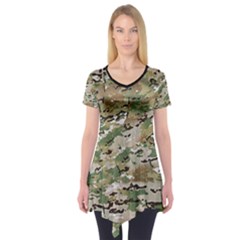 Wood Camouflage Military Army Green Khaki Pattern Short Sleeve Tunic  by snek