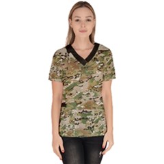 Wood Camouflage Military Army Green Khaki Pattern Women s V-neck Scrub Top by snek