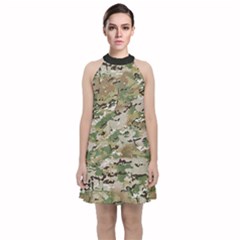 Wood Camouflage Military Army Green Khaki Pattern Velvet Halter Neckline Dress  by snek