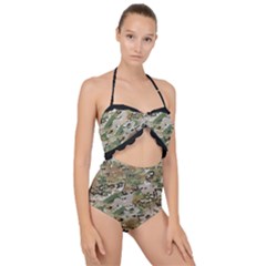 Wood Camouflage Military Army Green Khaki Pattern Scallop Top Cut Out Swimsuit by snek