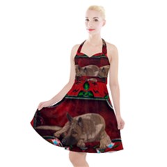 Wonderful German Shepherd With Heart And Flowers Halter Party Swing Dress 