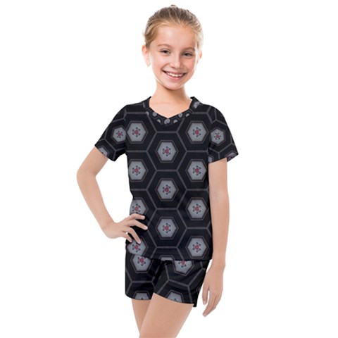 Geometric Pattern - Black Kids  Mesh Tee And Shorts Set by WensdaiAmbrose