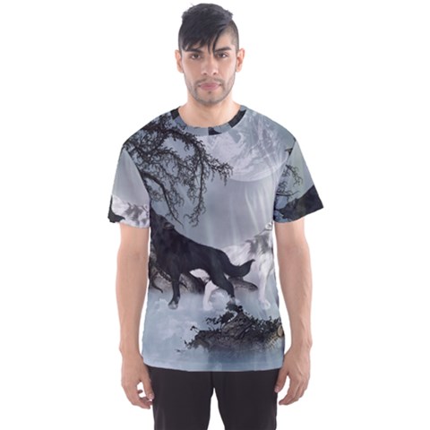 Awesome Black And White Wolf In The Dark Night Men s Sports Mesh Tee by FantasyWorld7