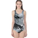 Awesome Black And White Wolf In The Dark Night One Piece Swimsuit View1