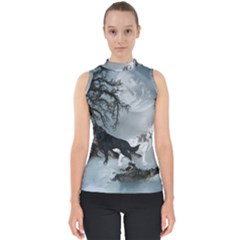 Awesome Black And White Wolf In The Dark Night Mock Neck Shell Top by FantasyWorld7