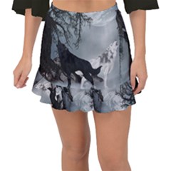 Awesome Black And White Wolf In The Dark Night Fishtail Mini Chiffon Skirt by FantasyWorld7