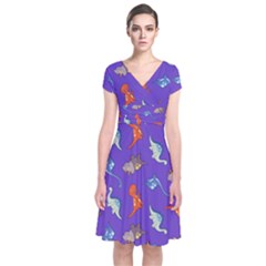 Dinosaurs - Periwinkle Short Sleeve Front Wrap Dress by WensdaiAmbrose