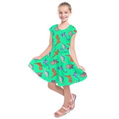 Dinosaurs - Aqua Green Kids  Short Sleeve Dress by WensdaiAmbrose