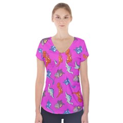 Dinosaurs - Fuchsia Short Sleeve Front Detail Top by WensdaiAmbrose