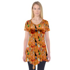 Halloween Treats Pattern Orange Short Sleeve Tunic  by snowwhitegirl