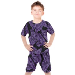 Tropical Leaves Purple Kids  Tee And Shorts Set by snowwhitegirl