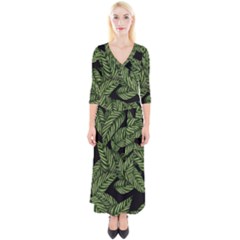 Tropical Leaves On Black Quarter Sleeve Wrap Maxi Dress by snowwhitegirl