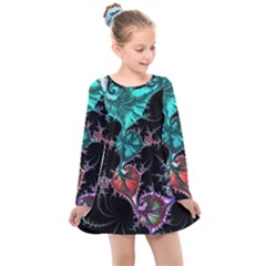 Fractal Colorful Abstract Aesthetic Kids  Long Sleeve Dress by Pakrebo